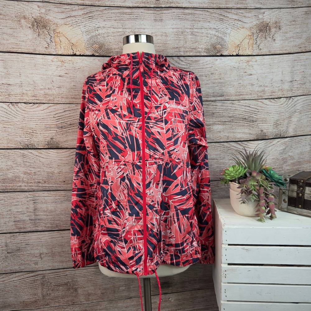 Columbia Womens Medium Pink Navy Abstract Print Hooded Windbreaker Jacket Zip Up
